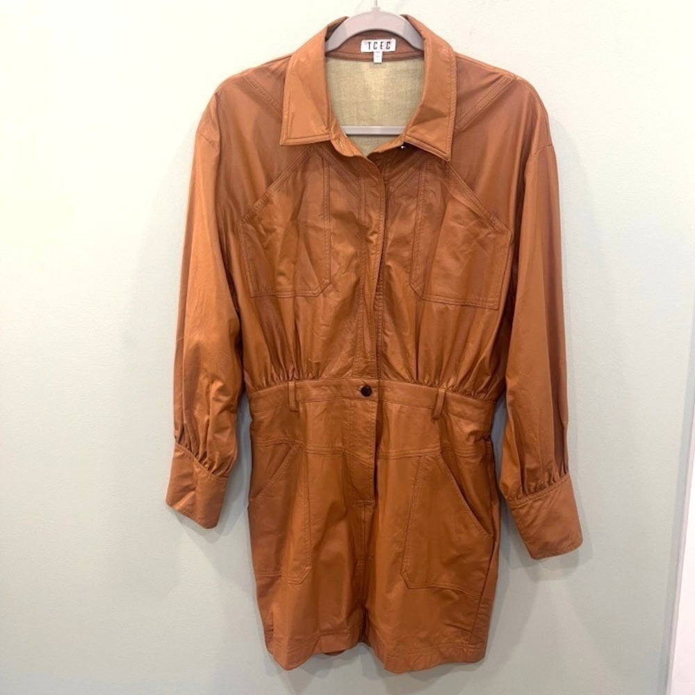 TCEC Womens Faux Leather Long Sleeve Utility Mini Dress Camel Brown Size L